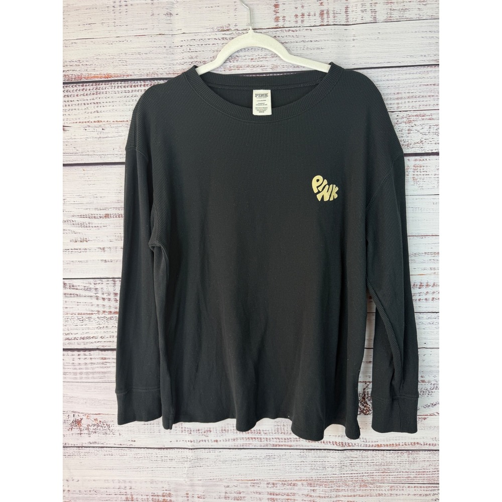 Victoria's Secret PINK Black Waffle Knit Thermal Long Sleeve L